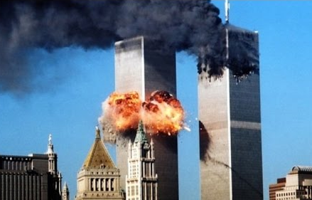 9/11 image of the twin towers in New York city